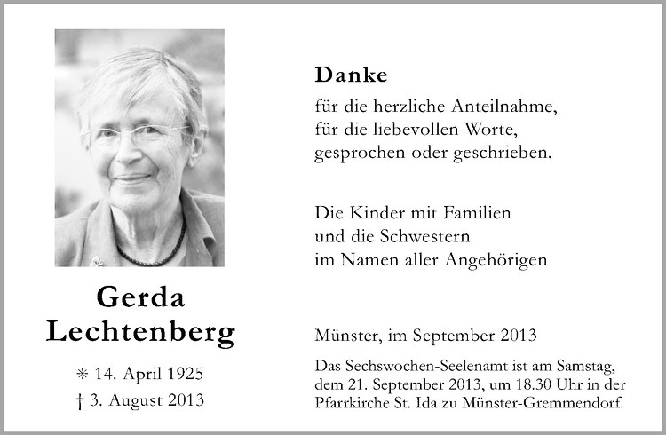  Traueranzeige für Gerda Lechtenberg vom 14.09.2013 aus Westfälische Nachrichten