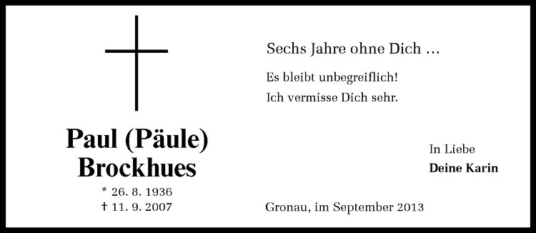  Traueranzeige für Paul Brockhues vom 11.09.2013 aus Westfälische Nachrichten