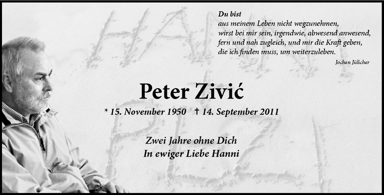  Traueranzeige für Peter Zivic vom 14.09.2013 aus Westfälische Nachrichten