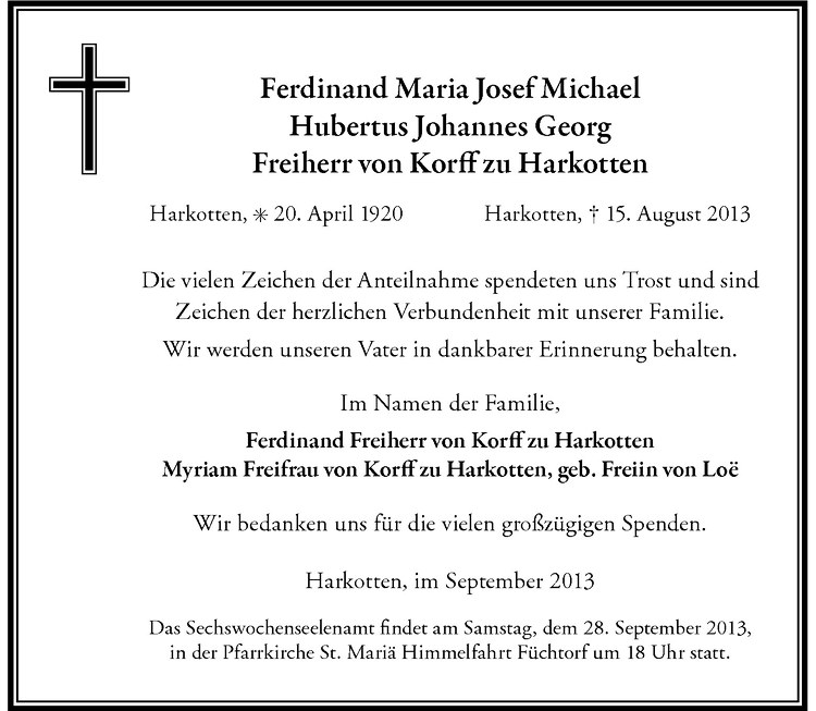  Traueranzeige für Ferdinand Maria Josef Michael Hubertus Johannes Georg Freiherr von Korff zu Harkotten vom 14.09.2013 aus Westfälische Nachrichten