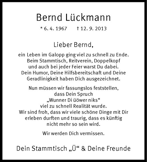  Traueranzeige für Bernd Lückmann vom 17.09.2013 aus Westfälische Nachrichten
