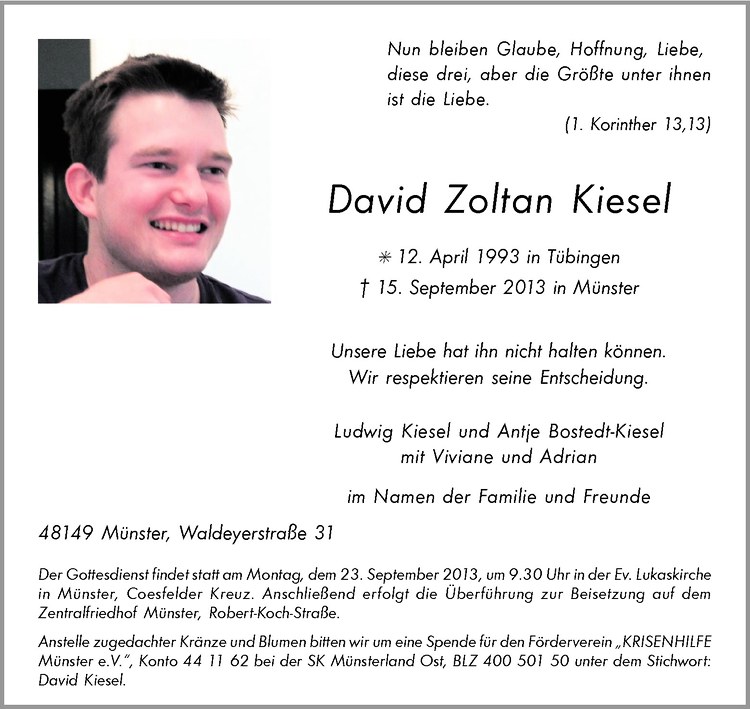  Traueranzeige für David Zoltan Kiesel vom 19.09.2013 aus Westfälische Nachrichten