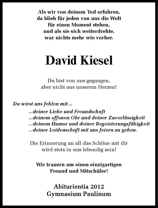  Traueranzeige für David Zoltan Kiesel vom 21.09.2013 aus Westfälische Nachrichten