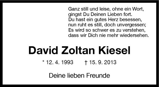  Traueranzeige für David Zoltan Kiesel vom 23.09.2013 aus Westfälische Nachrichten