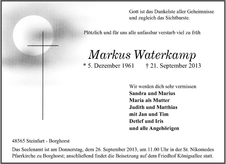  Traueranzeige für Markus Waterkamp vom 24.09.2013 aus Westfälische Nachrichten
