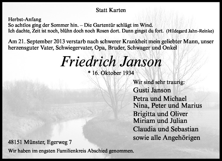  Traueranzeige für Friedrich Janson vom 28.09.2013 aus Westfälische Nachrichten