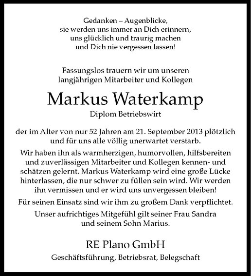  Traueranzeige für Markus Waterkamp vom 25.09.2013 aus Westfälische Nachrichten