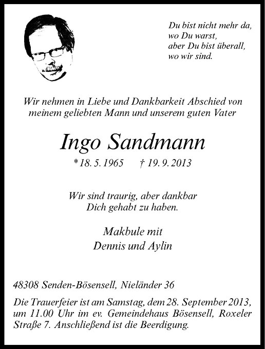  Traueranzeige für Ingo Sandmann vom 25.09.2013 aus Westfälische Nachrichten