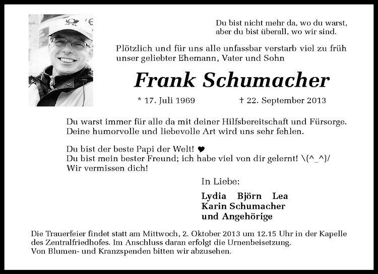  Traueranzeige für Frank Schumacher vom 28.09.2013 aus Westfälische Nachrichten
