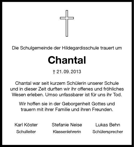  Traueranzeige für Chantal  vom 02.10.2013 aus Westfälische Nachrichten