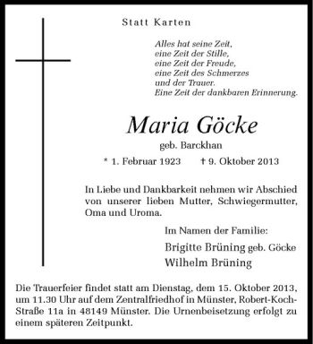 Anzeige von Maria Göcke von Westfälische Nachrichten