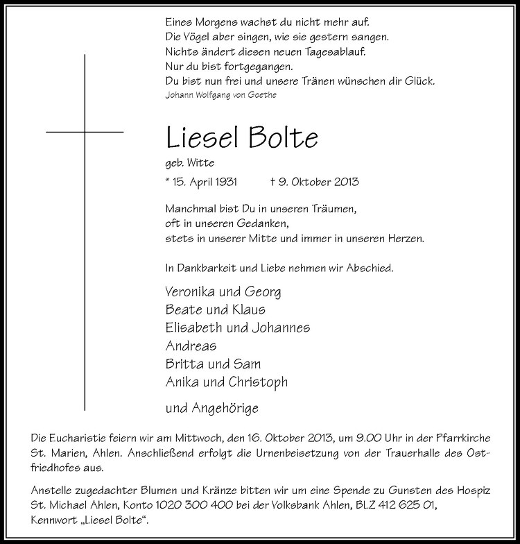  Traueranzeige für Liesel Bolte vom 12.10.2013 aus Westfälische Nachrichten