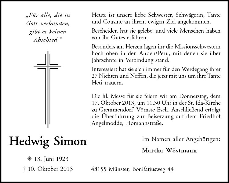  Traueranzeige für Hedwig Simon vom 15.10.2013 aus Westfälische Nachrichten