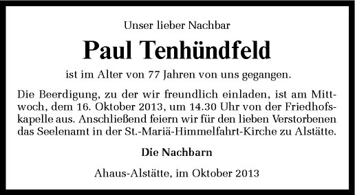  Traueranzeige für Paul Tenhündfeld vom 15.10.2013 aus Westfälische Nachrichten