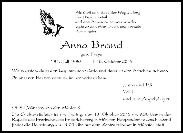  Traueranzeige für Anna Brand vom 16.10.2013 aus Westfälische Nachrichten