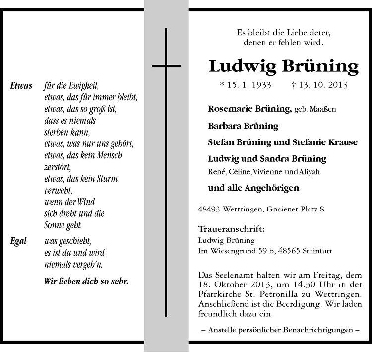  Traueranzeige für Ludwig Brüning vom 16.10.2013 aus Westfälische Nachrichten