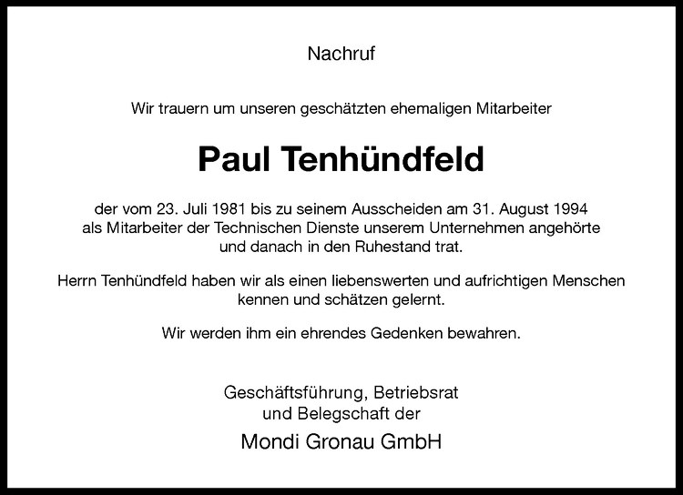  Traueranzeige für Paul Tenhündfeld vom 16.10.2013 aus Westfälische Nachrichten