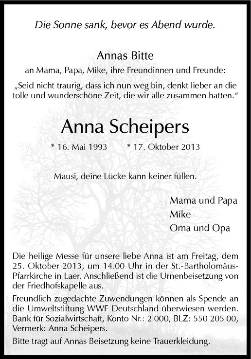  Traueranzeige für Anna Scheipers vom 22.10.2013 aus Westfälische Nachrichten