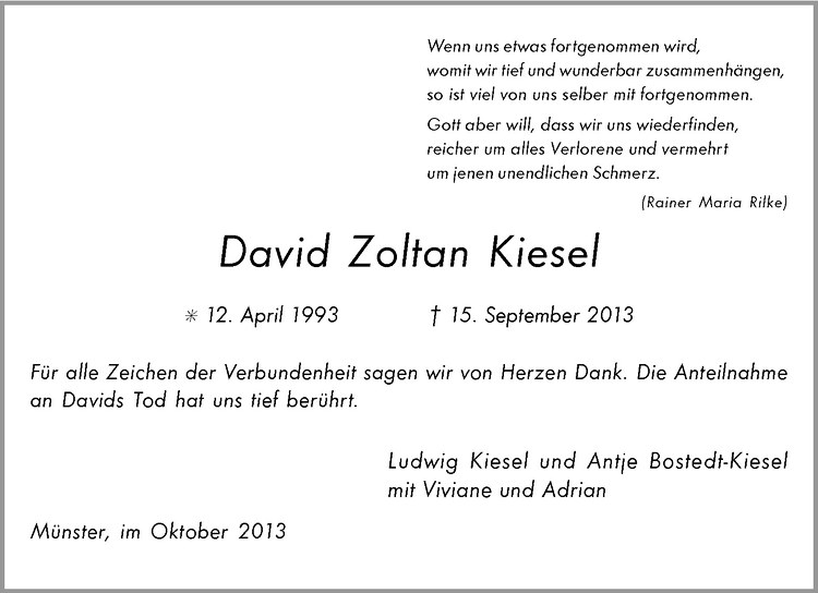  Traueranzeige für David Zoltan Kiesel vom 02.11.2013 aus Westfälische Nachrichten