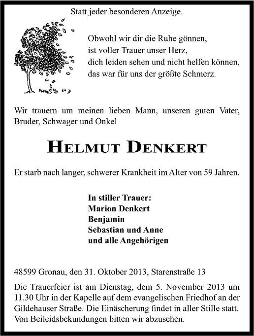  Traueranzeige für Helmut Denkert vom 04.11.2013 aus Westfälische Nachrichten
