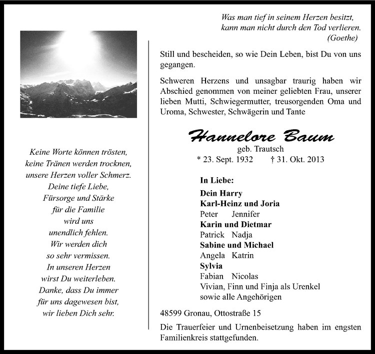 Traueranzeige für Hannelore Baum vom 09.11.2013 aus Westfälische Nachrichten