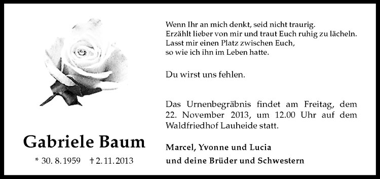  Traueranzeige für Gabriele Baum vom 13.11.2013 aus Westfälische Nachrichten