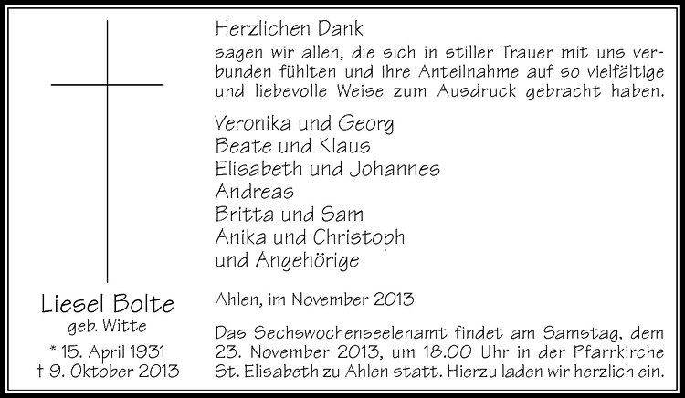  Traueranzeige für Liesel Bolte vom 16.11.2013 aus Westfälische Nachrichten
