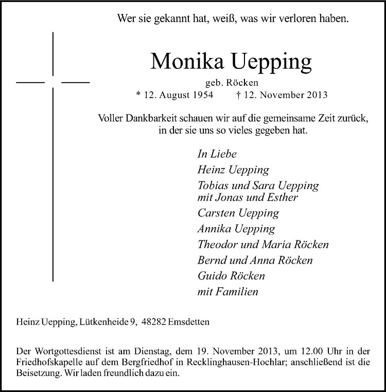  Traueranzeige für Monika Uepping vom 16.11.2013 aus Westfälische Nachrichten