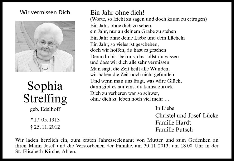  Traueranzeige für Sophia Streffing vom 25.11.2013 aus Westfälische Nachrichten