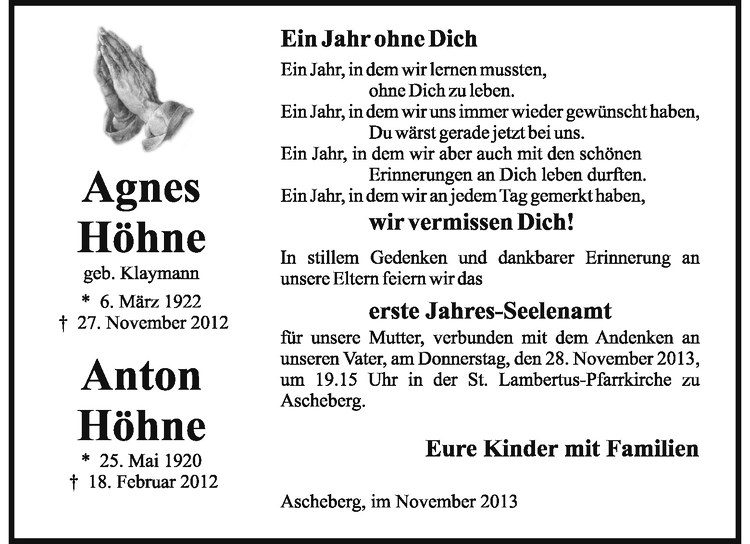  Traueranzeige für Anton Höhne vom 23.11.2013 aus Westfälische Nachrichten