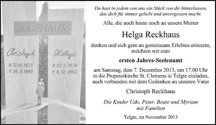  Traueranzeige für Helga Reckhaus vom 30.11.2013 aus Westfälische Nachrichten