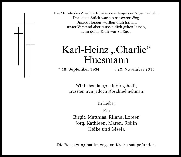  Traueranzeige für Karl-Heinz Huesmann vom 07.12.2013 aus Westfälische Nachrichten