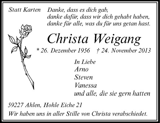  Traueranzeige für Christa Weigang vom 30.11.2013 aus Westfälische Nachrichten