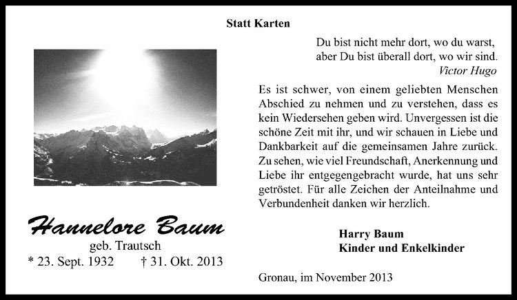  Traueranzeige für Hannelore Baum vom 30.11.2013 aus Westfälische Nachrichten