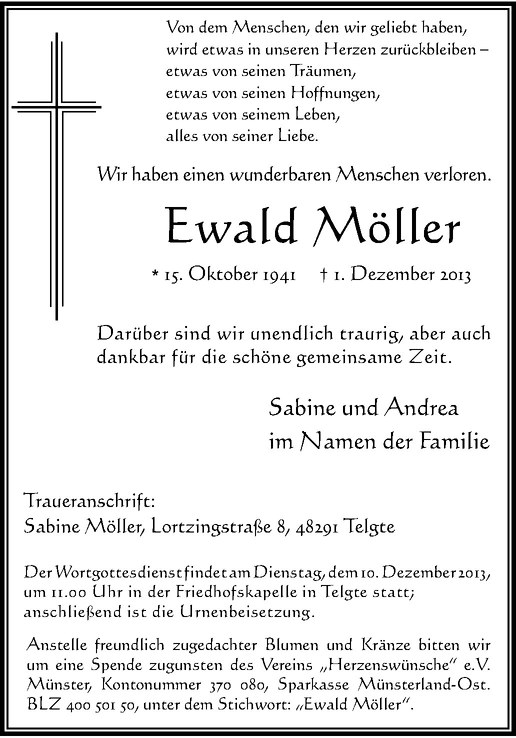  Traueranzeige für Ewald Möller vom 04.12.2013 aus Westfälische Nachrichten