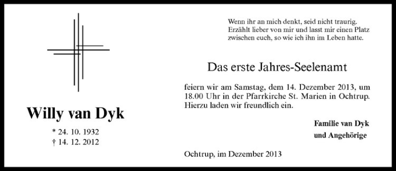  Traueranzeige für Willy van Dyk vom 11.12.2013 aus Westfälische Nachrichten