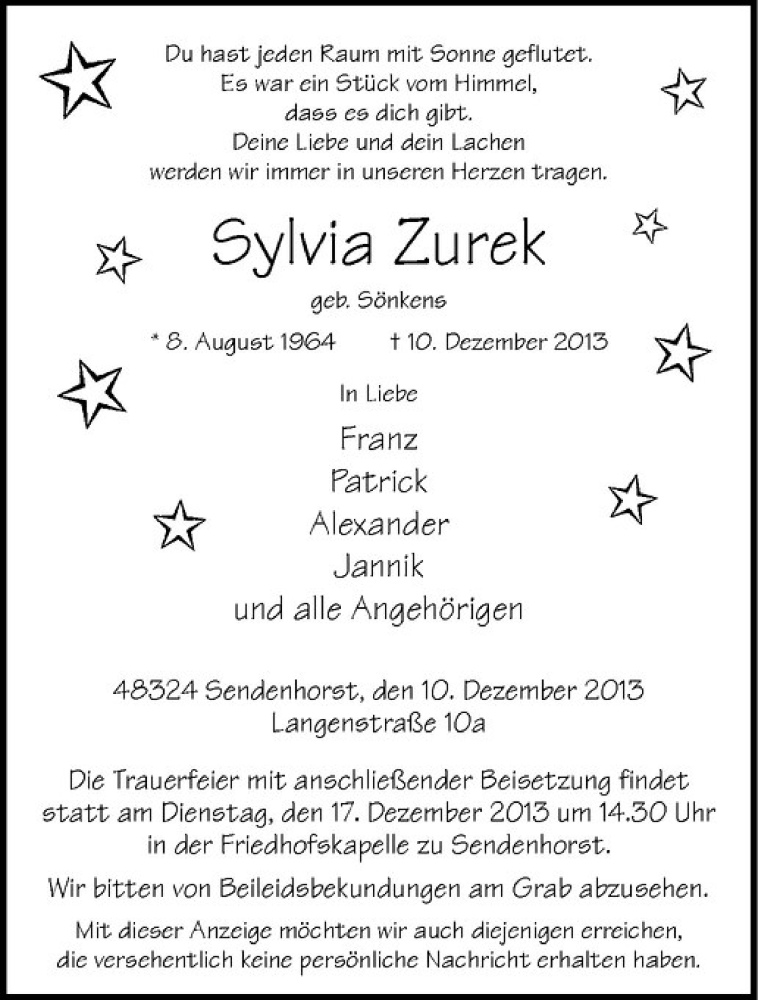  Traueranzeige für Sylvia Zurek vom 14.12.2013 aus Westfälische Nachrichten