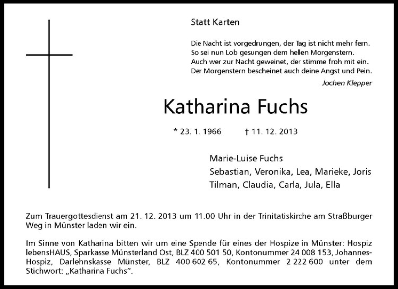  Traueranzeige für Katharina Fuchs vom 18.12.2013 aus Westfälische Nachrichten