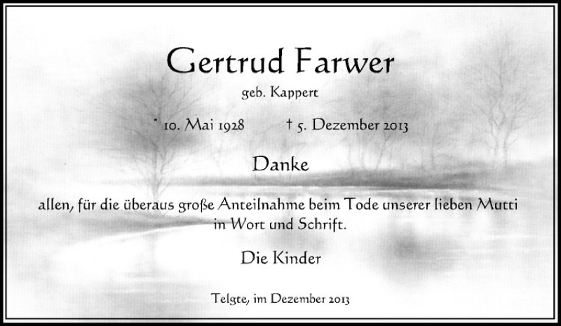  Traueranzeige für Gertrud Farwer vom 18.12.2013 aus Westfälische Nachrichten