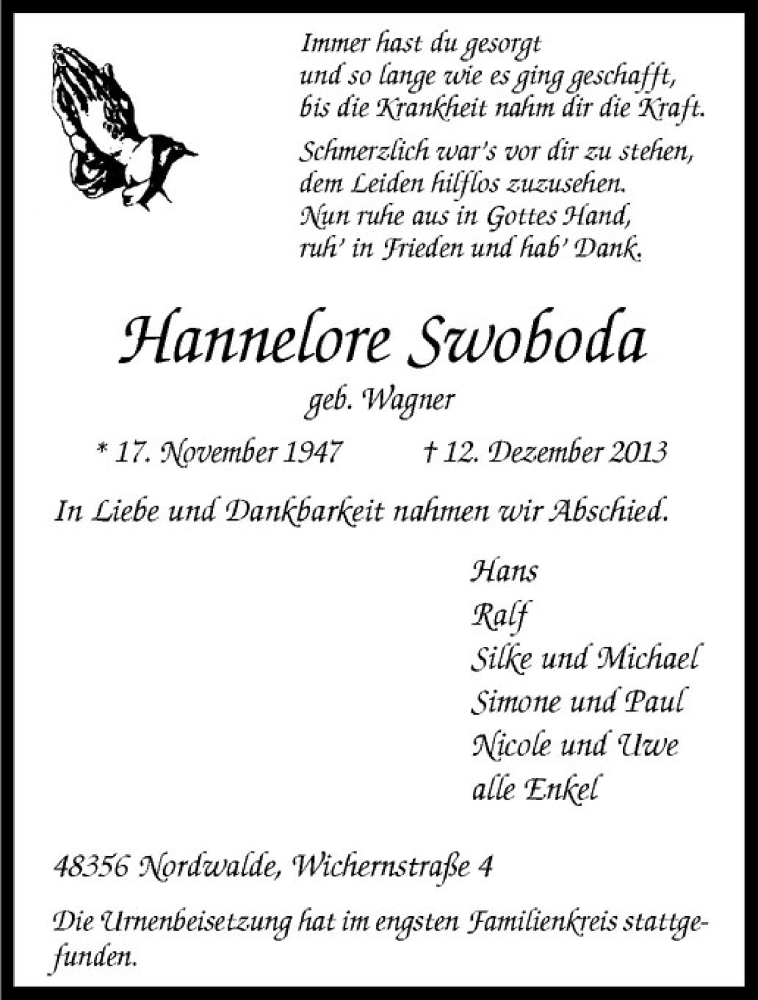  Traueranzeige für Hannelore Swoboda vom 21.12.2013 aus Westfälische Nachrichten