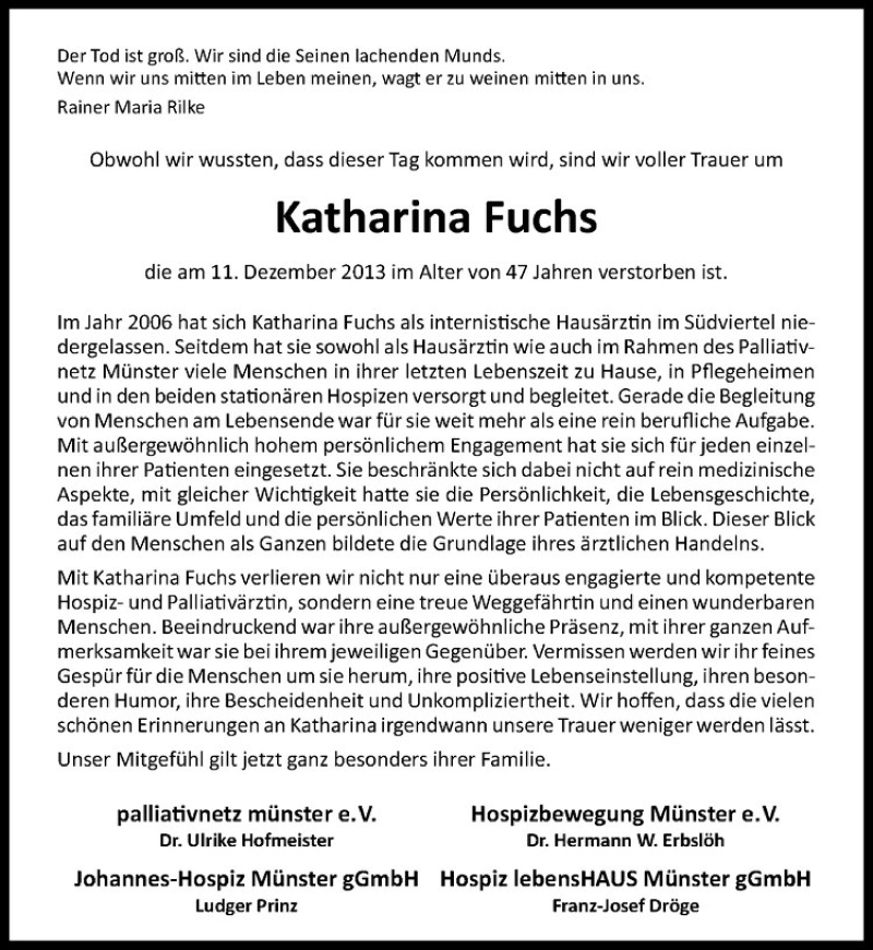  Traueranzeige für Katharina Fuchs vom 20.12.2013 aus Westfälische Nachrichten