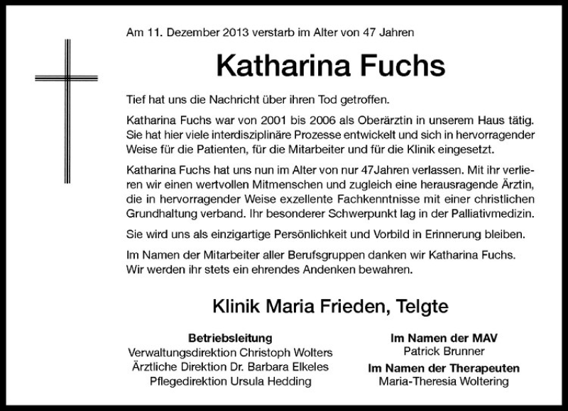  Traueranzeige für Katharina Fuchs vom 21.12.2013 aus Westfälische Nachrichten