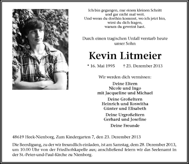  Traueranzeige für Kevin Litmeier vom 27.12.2013 aus Westfälische Nachrichten