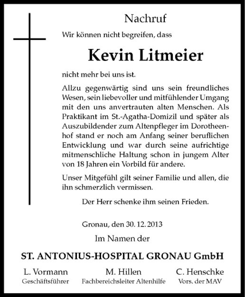  Traueranzeige für Kevin Litmeier vom 28.12.2013 aus Westfälische Nachrichten