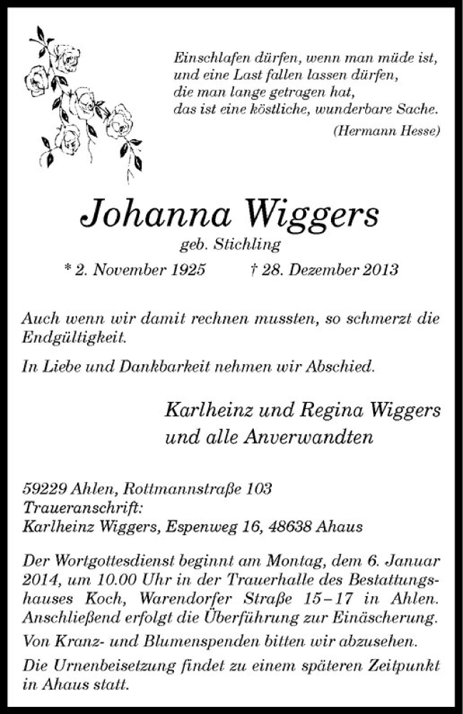Traueranzeigen von Johanna Wiggers | www.trauer.ms