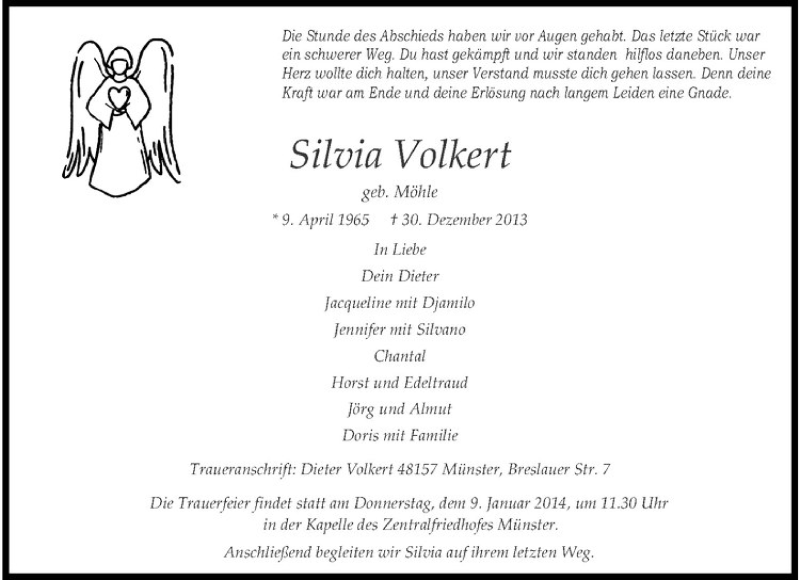  Traueranzeige für Silvia Volkert vom 04.01.2014 aus Westfälische Nachrichten