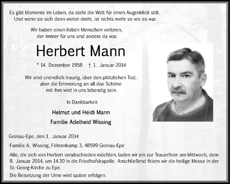  Traueranzeige für Herbert Mann vom 04.01.2014 aus Westfälische Nachrichten