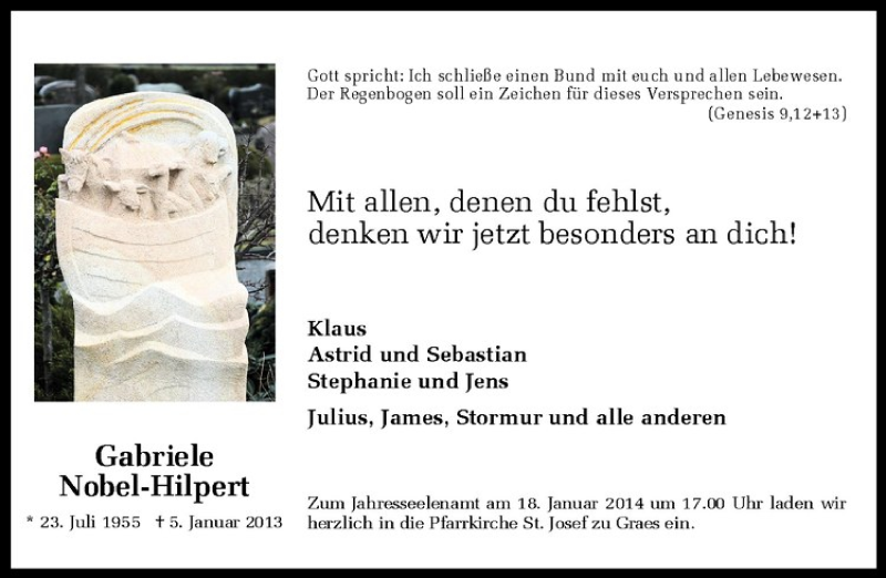  Traueranzeige für Gabriele Nobel-Hilpert vom 08.01.2014 aus Westfälische Nachrichten