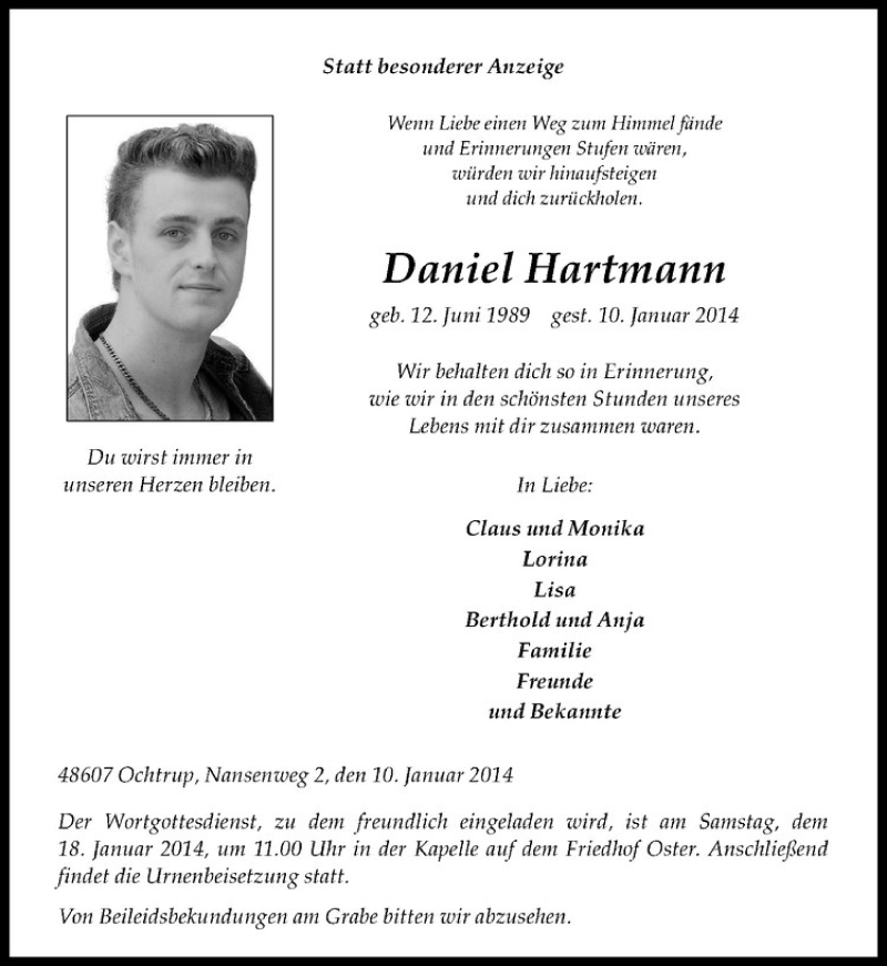  Traueranzeige für Daniel Hartmann vom 15.01.2014 aus Westfälische Nachrichten