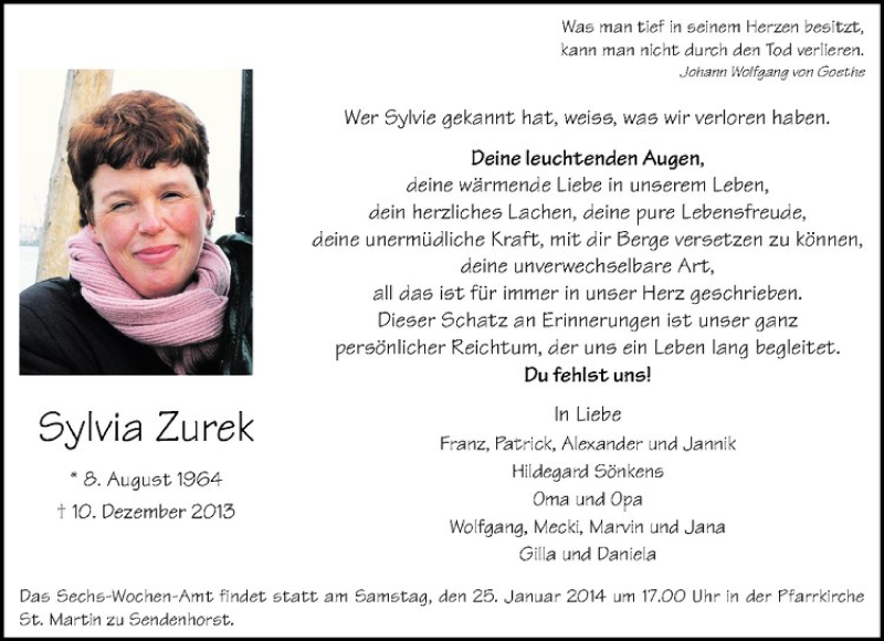  Traueranzeige für Sylvia Zurek vom 18.01.2014 aus Westfälische Nachrichten
